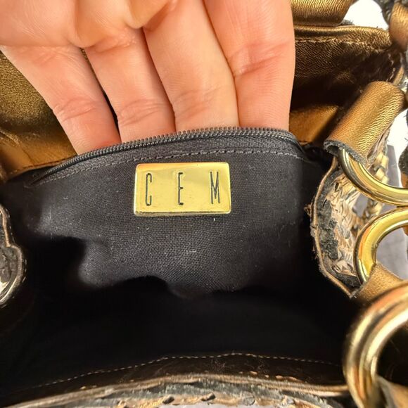 Vintage CEM Woven Leather Metallic Bronze Gold Purse | 80's 90s Bucket Style Bag - Picture 11 of 15
